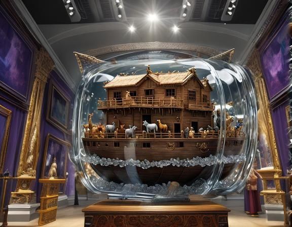 Noah's Ark trapped in a Horizontal, clear crystal cube.