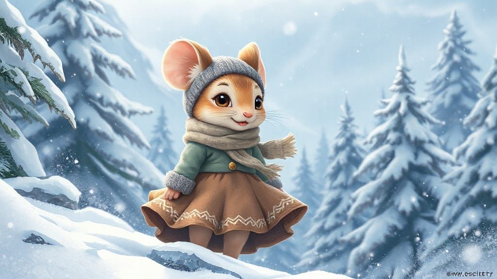 Surreal Winter Wonderland Girl Mouse Chibified in Snowy Stor...