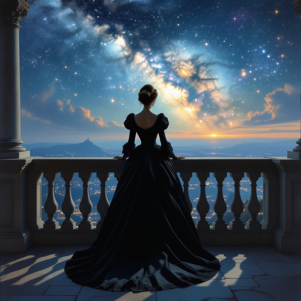 Victorian Figure on Balcony Overlooking Nebula, Pre-Raphaeli...