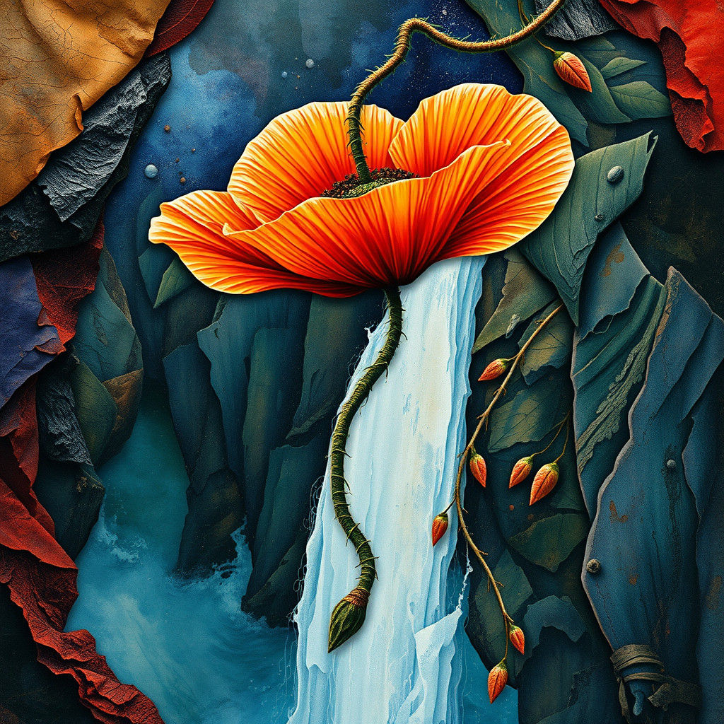 Poppy and Waterfall Multicollage in Fantasy Style