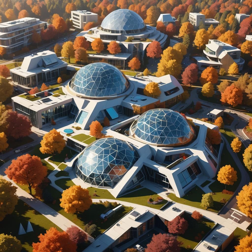 Futuristic Geometric Hospital in Autumn Landscape