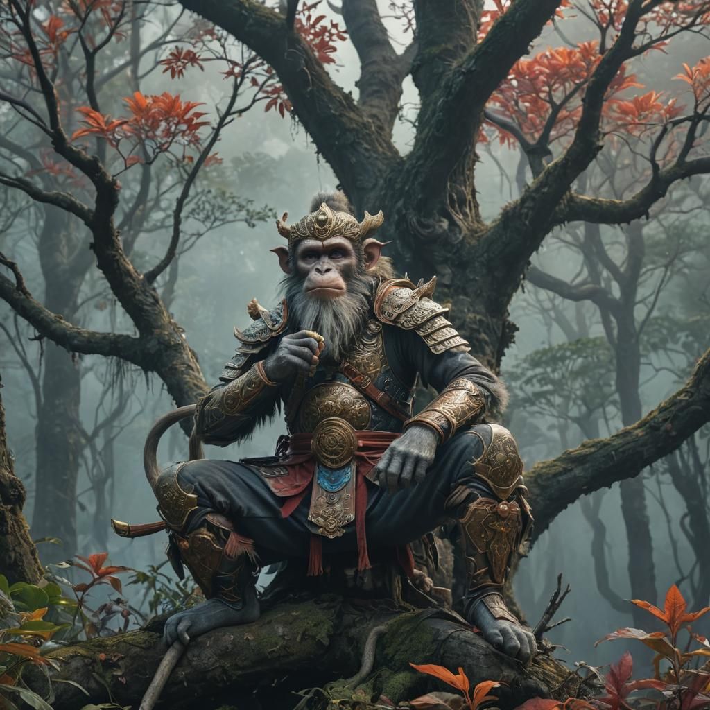 Monkey King in Foggy Forest, Detailed Matte Painting
