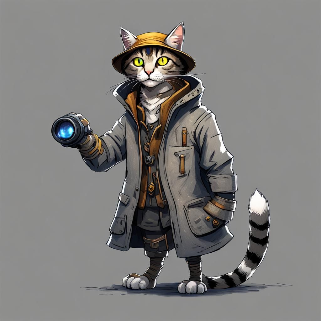 Fantasy Tabby Cat with Cybernetic Binoculars in Anime Style