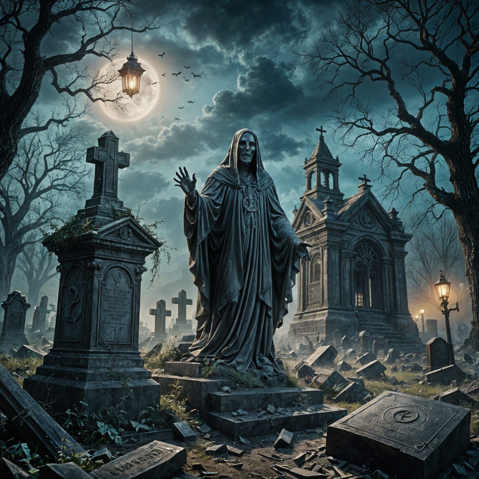 Eerie Ghost Emerges in Graveyard: Detailed Matte Painting