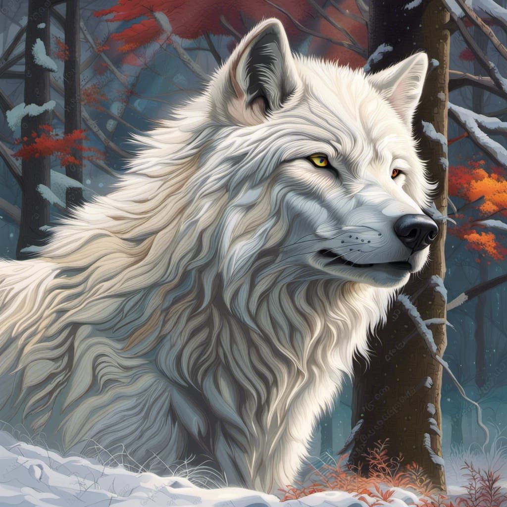 Majestic White Wolf in Forest: Splash Art