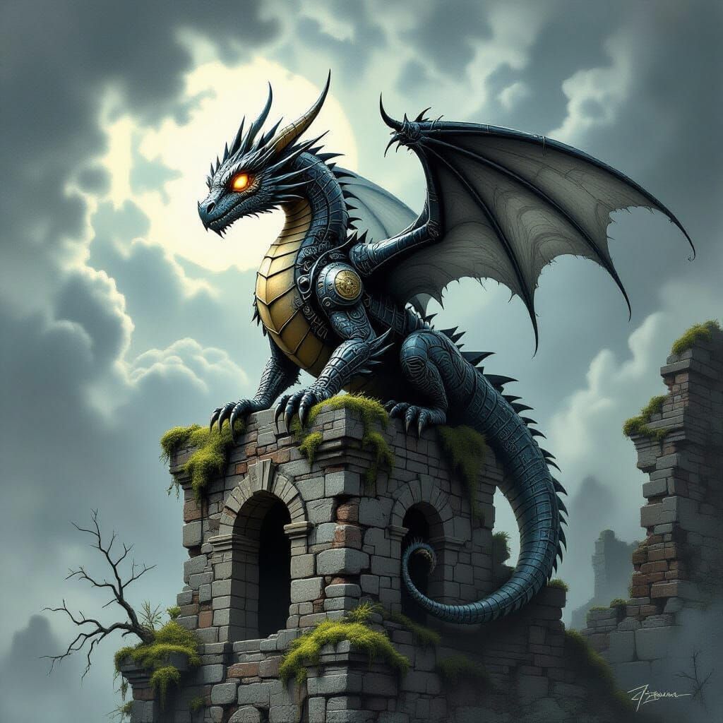 Clockwork Dragon on Ruin in Charcoal Style