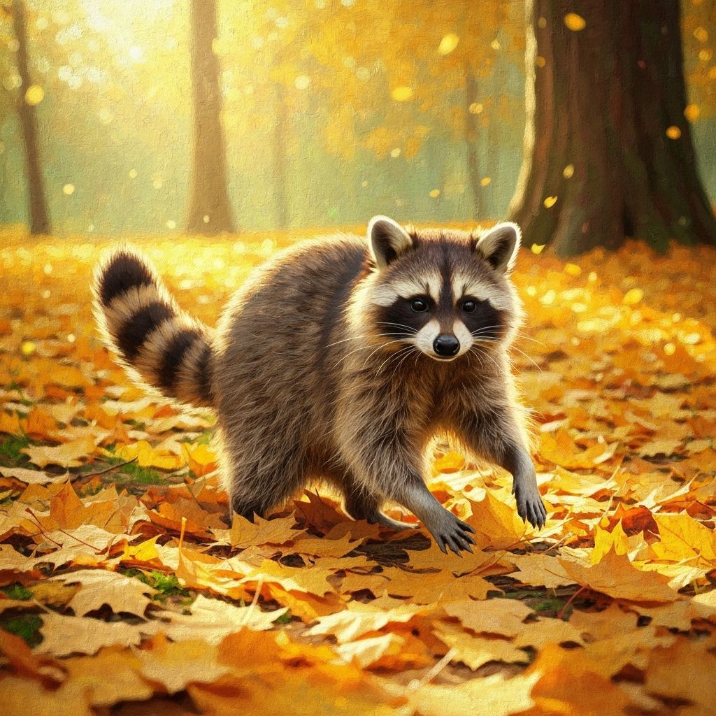 Cozy raccoon playing in autumn golden leaves