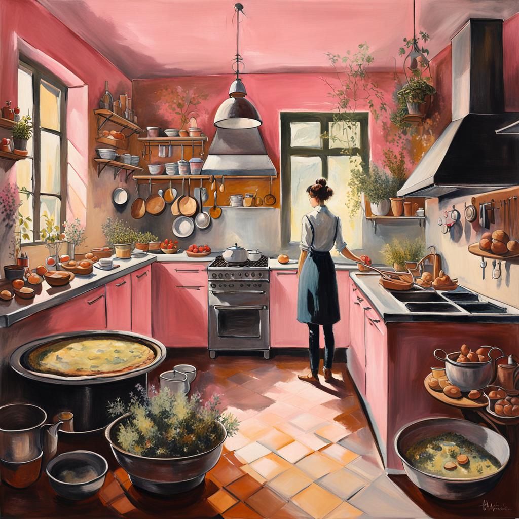 Girl Cooks Quiche in Kitchen: Modern Acrylic Art