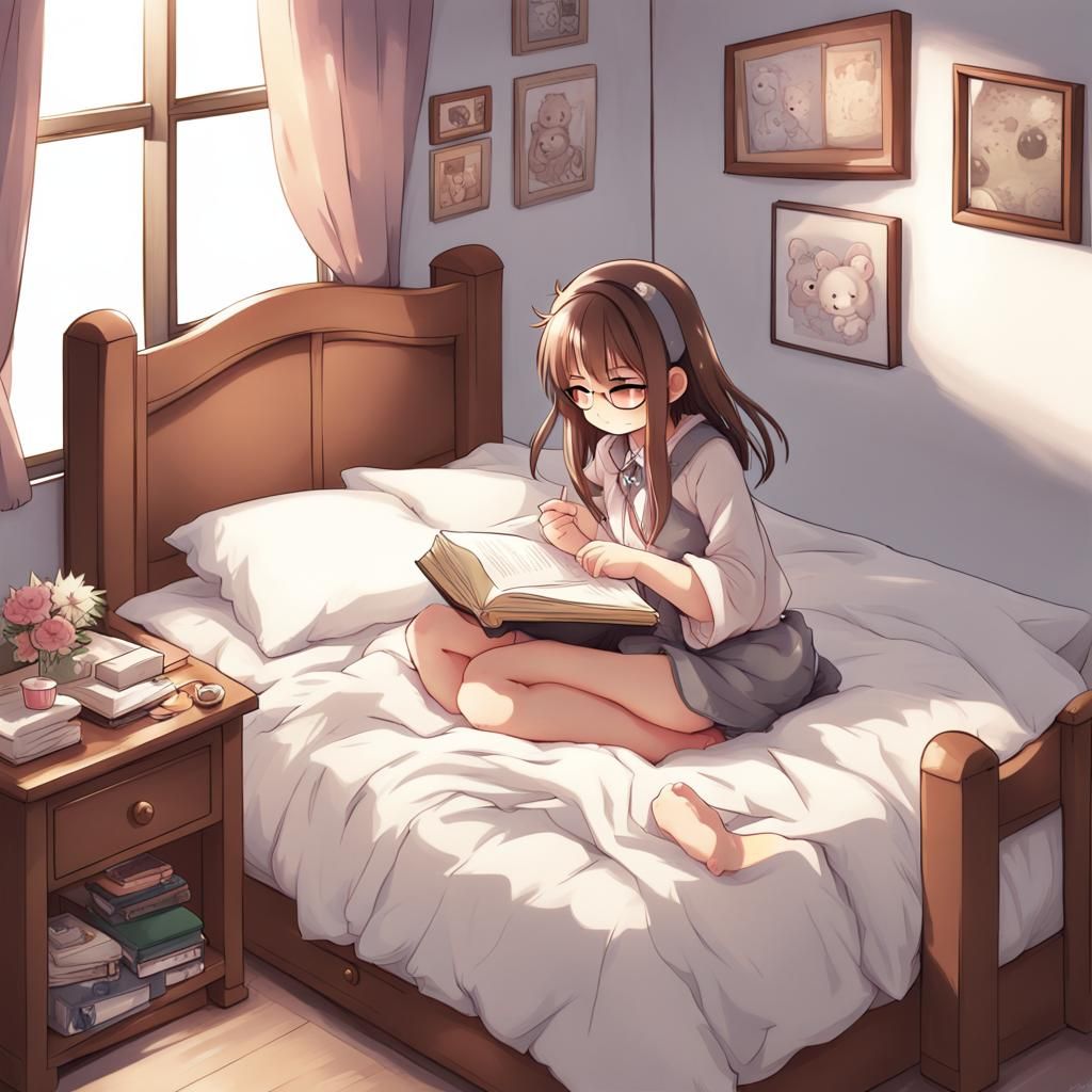 Cute Bear Girl Reading: Anime-Style Art
