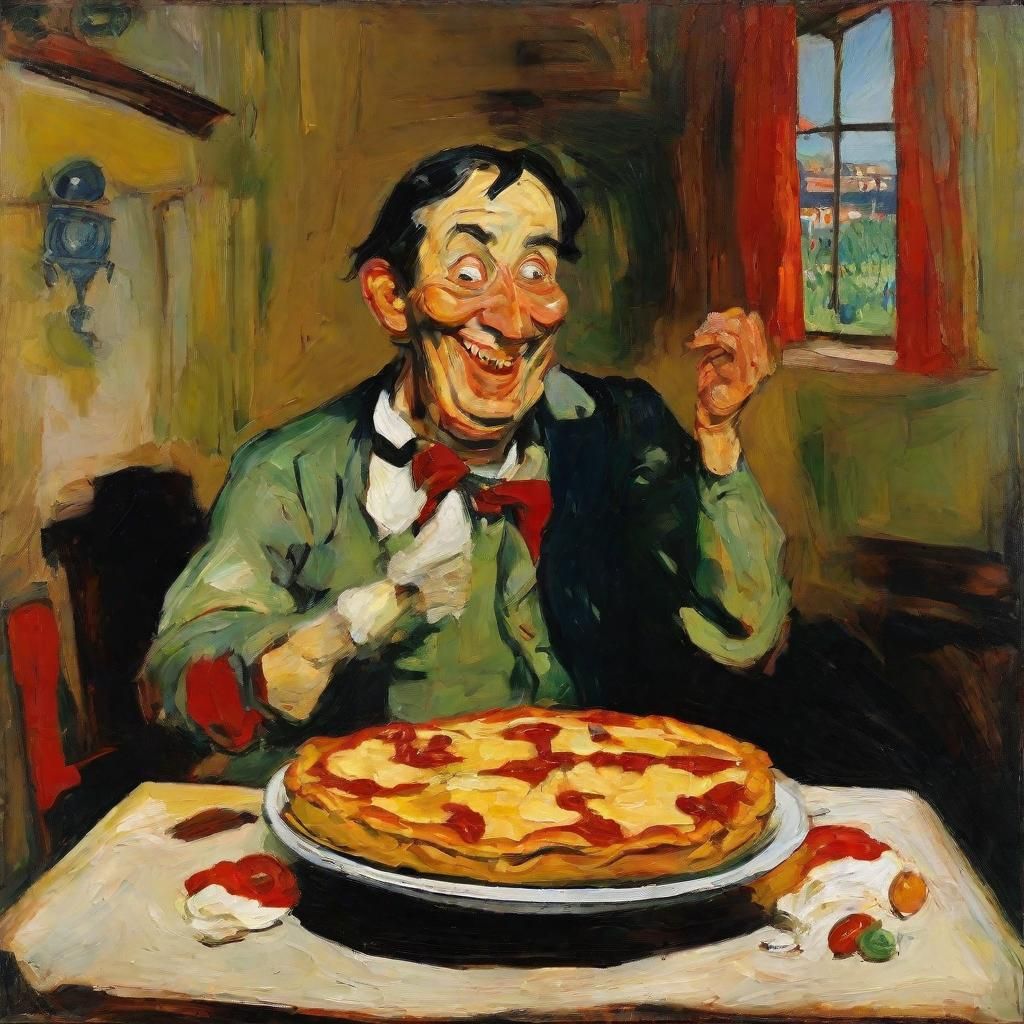 Man Biting Pie in Animated Painting Style