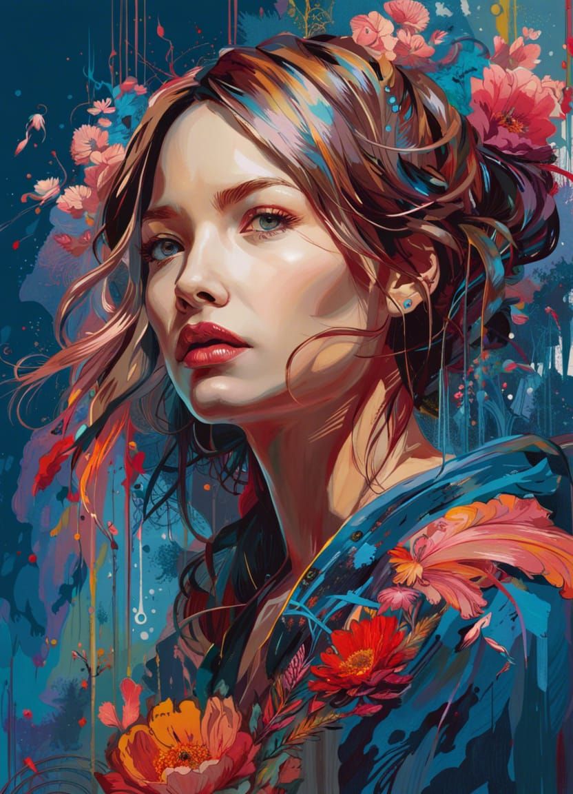 Detailed Portrait of Woman in Surrealist Splash Art