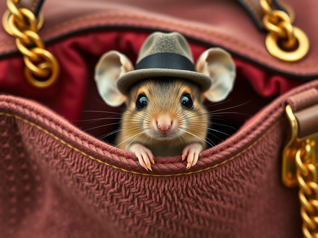Mouse Peeks Out of Luxurious Handbag with Whimsical Expressi...