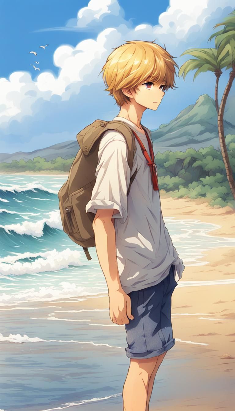 Teenage boy with brownish blond hair, standing on the Hawaii...