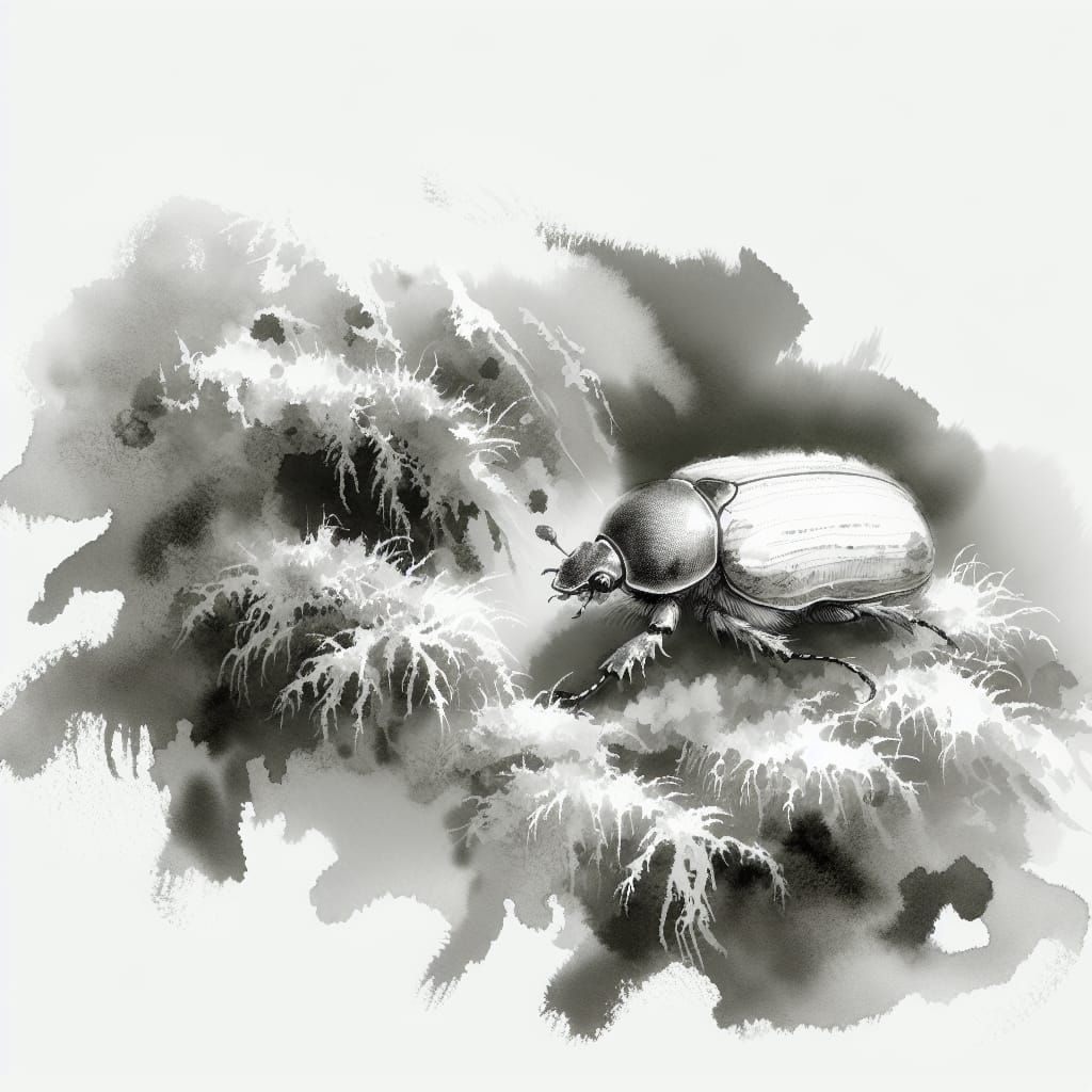 Beetle on Moss in Chinese Ink Wash Style