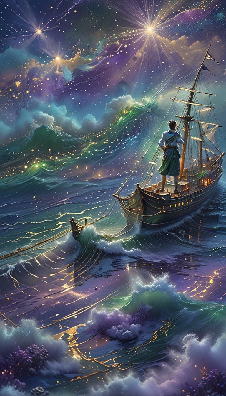 Sailor at Sea Under Starlight in Abstract Expressionism
