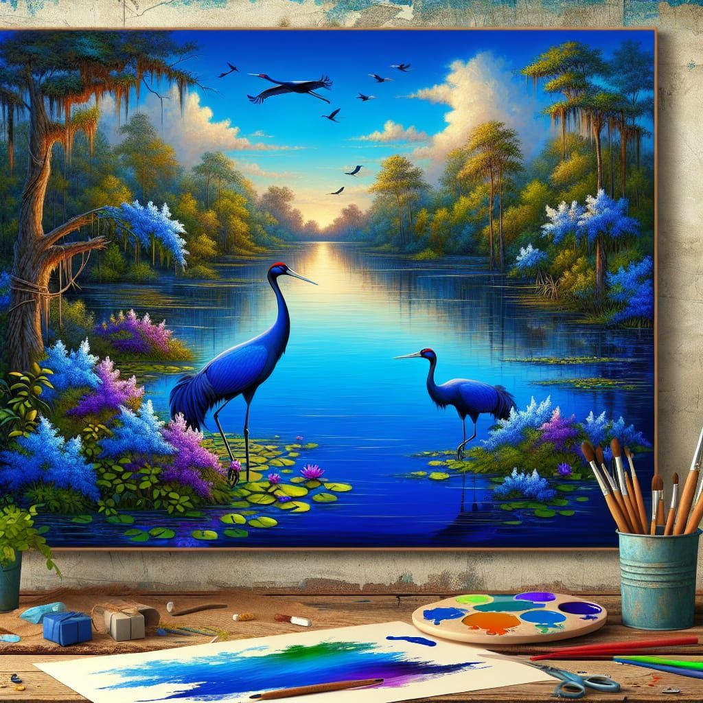 Blue Cranes by a Tranquil Bayou