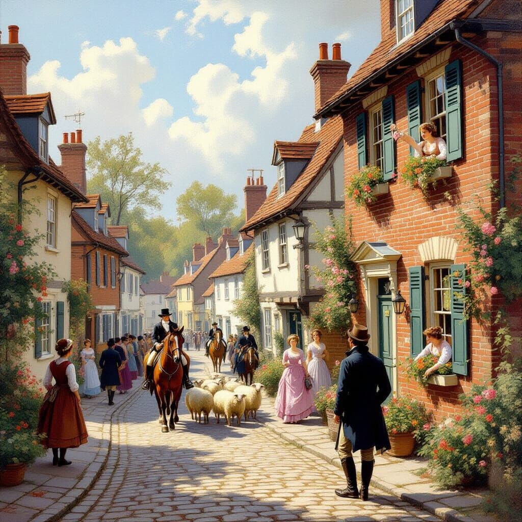 Regency Village Life: A Romantic Morning Scene