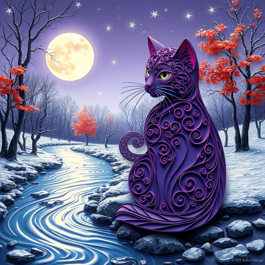 Hyperrealistic Quilling Collage of Purple Cat in Dreamlike W...
