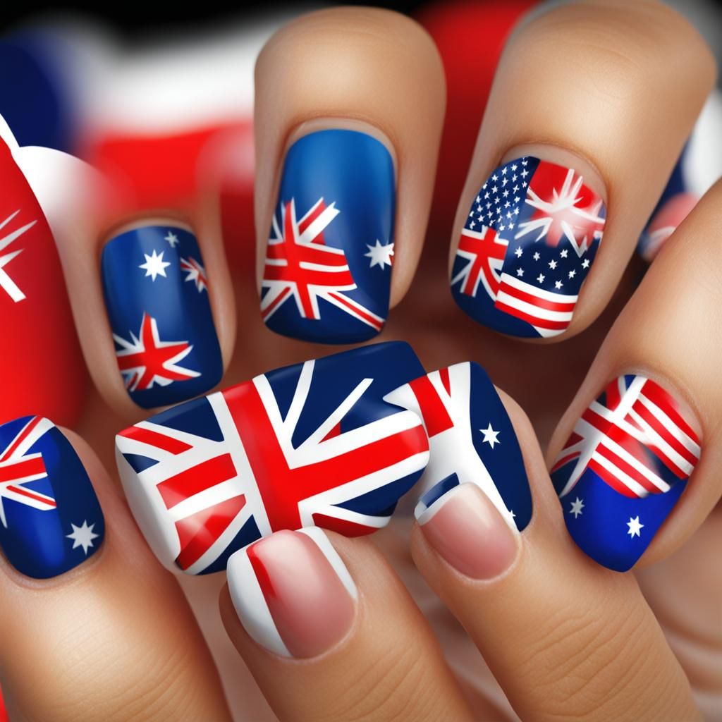 Hand with Australian, NZ, and USA Flag Nail Art