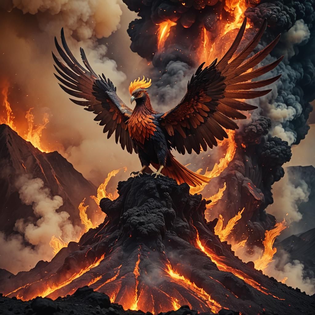 Phoenix Emerges from Volcano in Cinematic Style