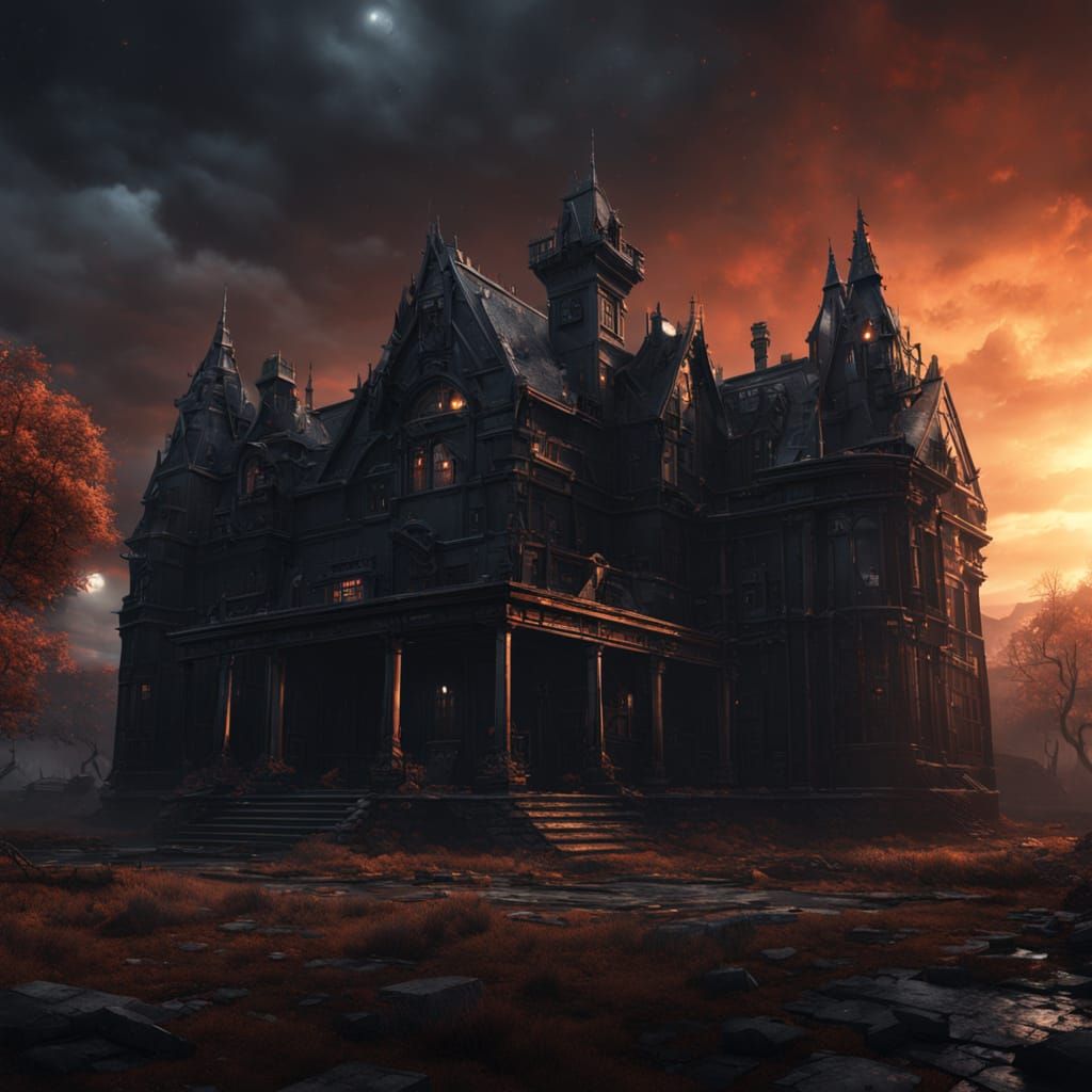 Mysterious Black Mansion in a Dark, Burnt World