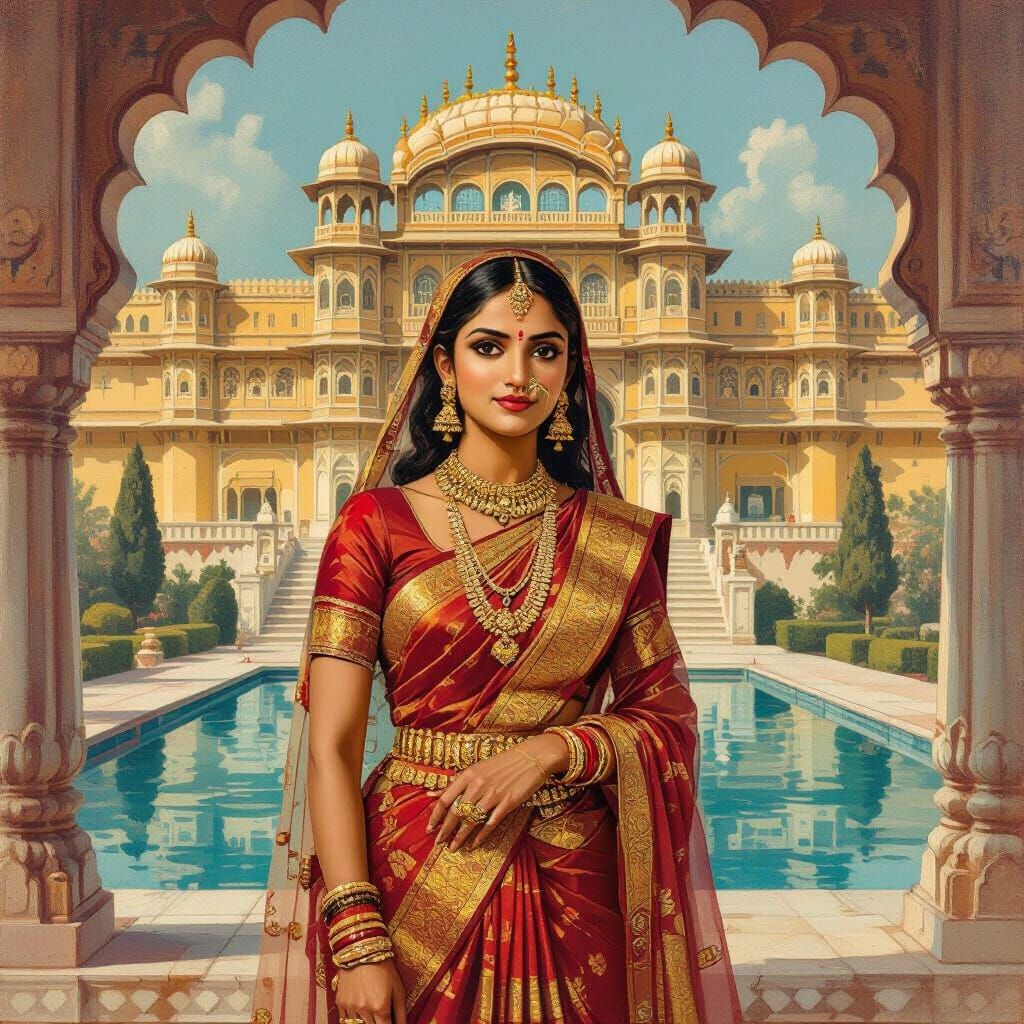 Rajasthani Woman at Palace in Raja Ravi Varma Style