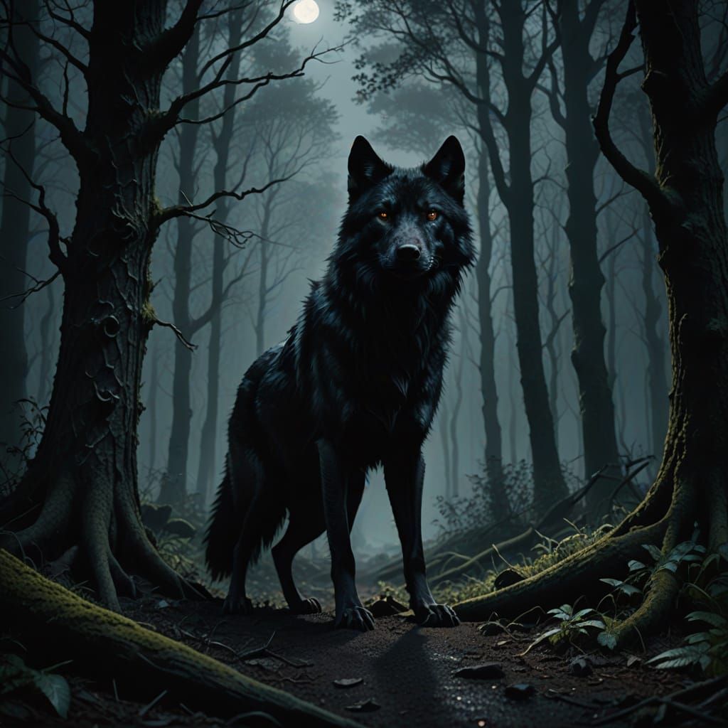 Gothic Wolf in Dark Forest Shadows