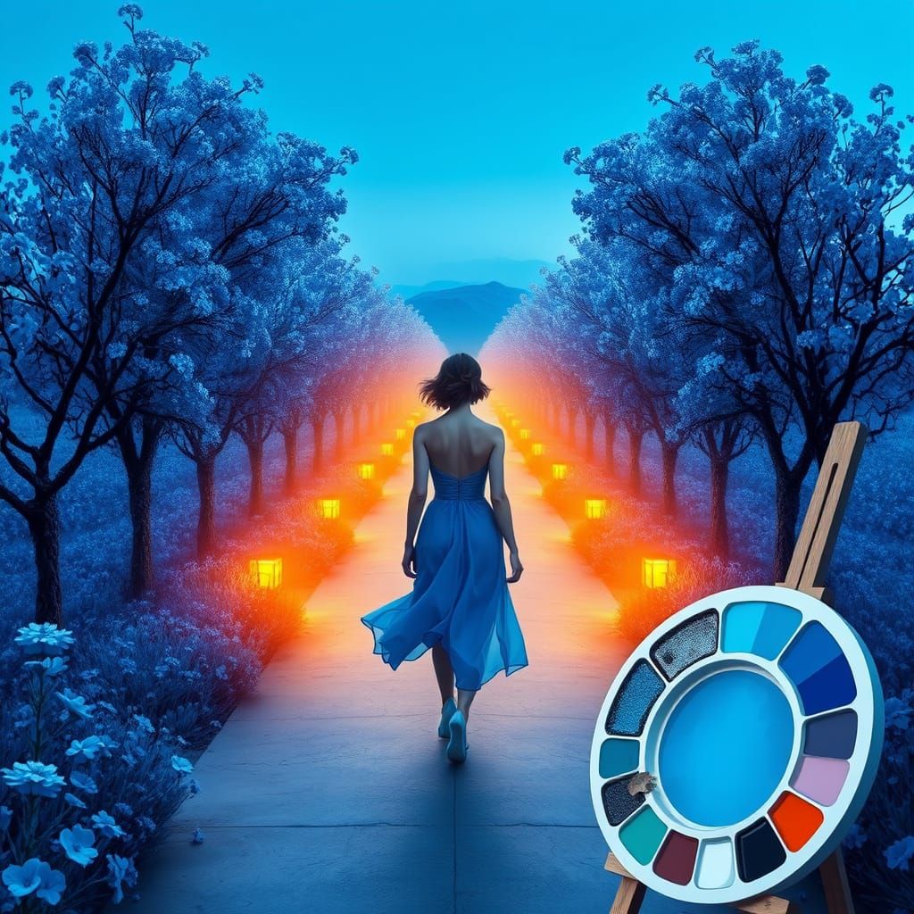 Cyberpunk Woman in Blue Strolling Neon Flower Avenue