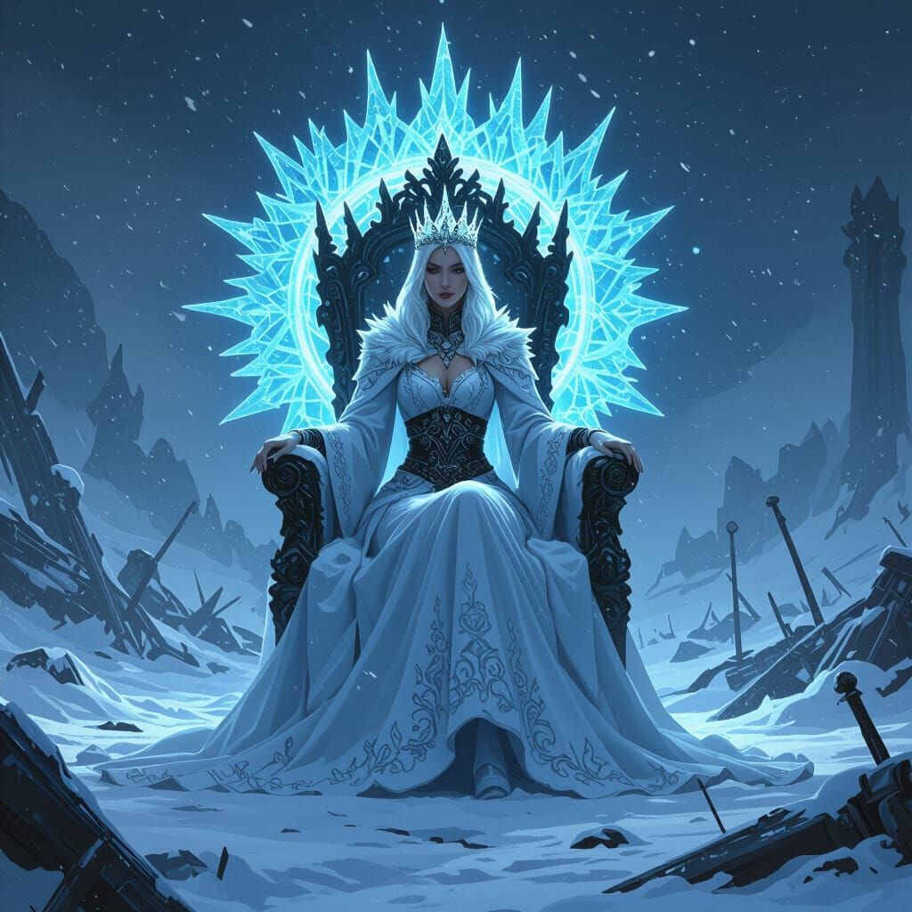 Ice Sorceress on Frozen Battlefield in Fantasy Art