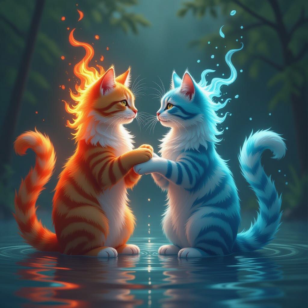 Fire Cat and Water Cat Intertwined: Elemental Dance