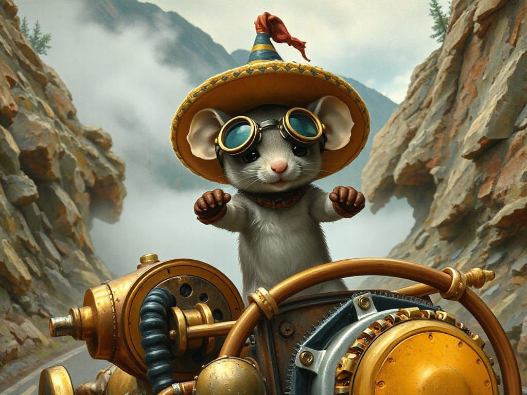 Mouse in Steampunk Vehicle, Mosaic Steampunk Style