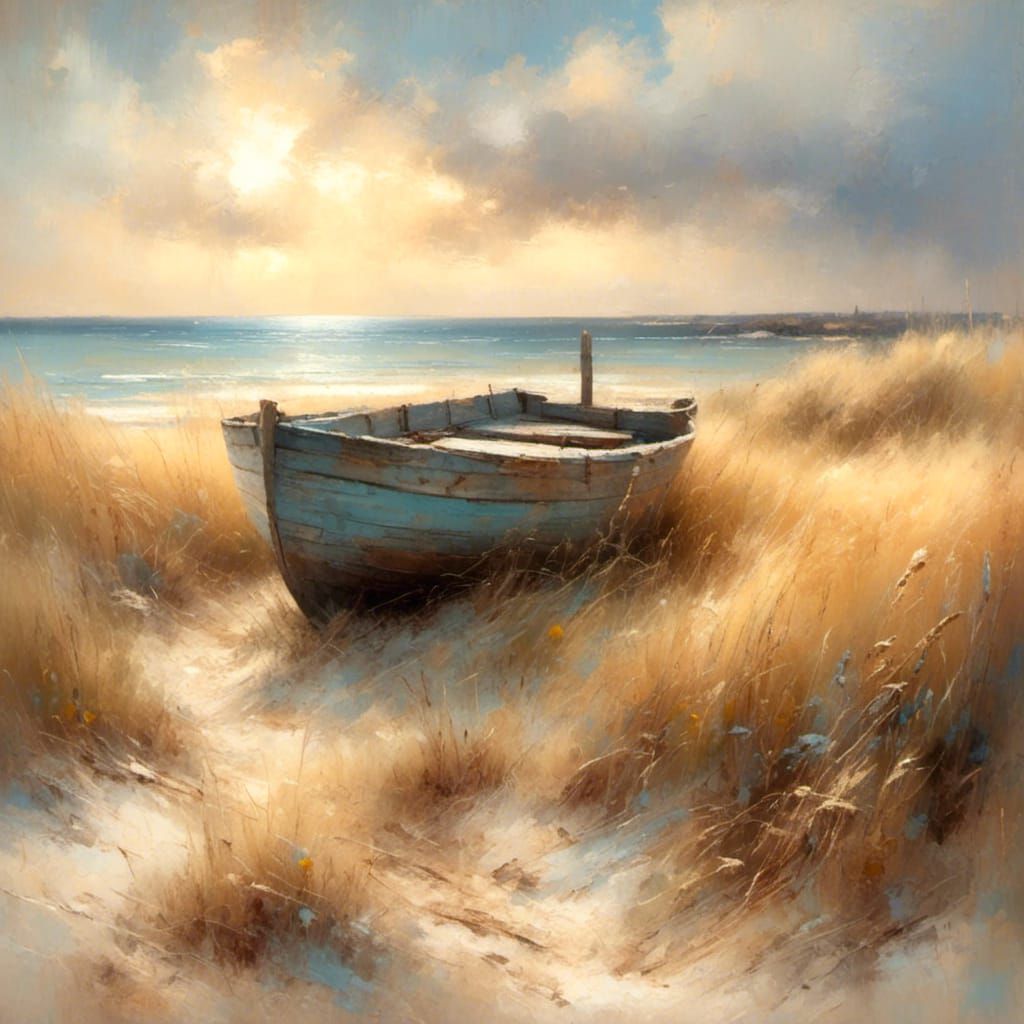 Impressionist Coastal Scene: Weathered Boat on Sandy Beach