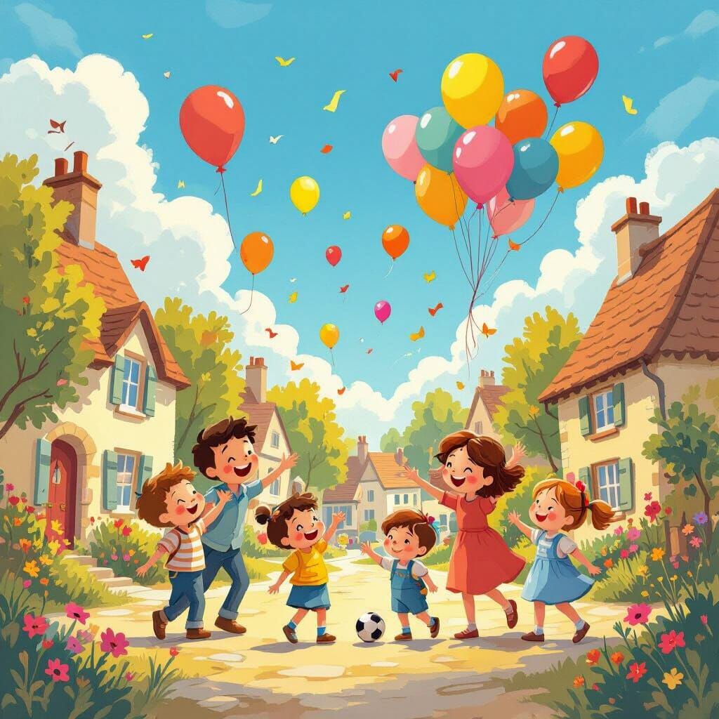 Joyful Village Life in Kids Book Style