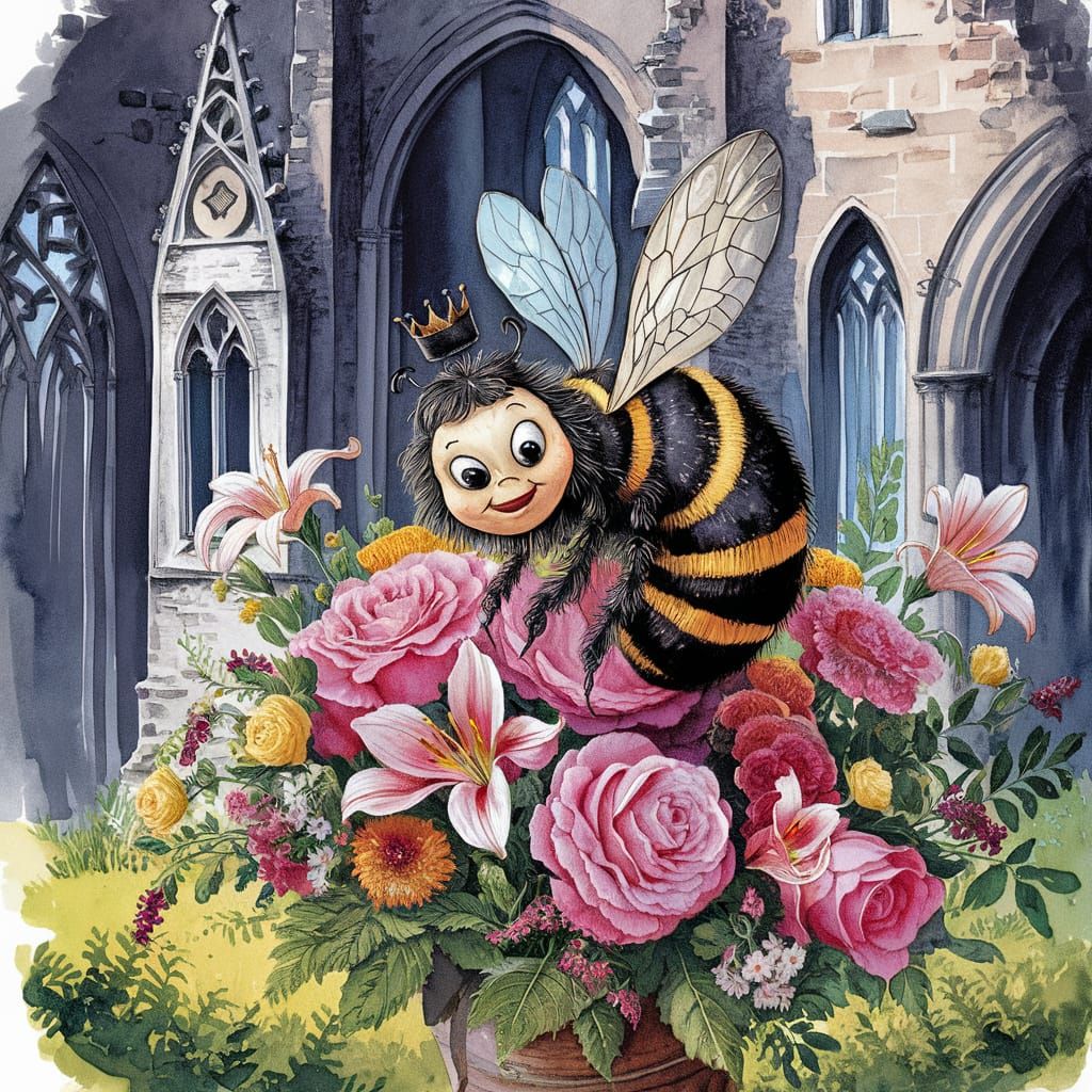 Gothic Bee on Flowers, Watercolor Illustration