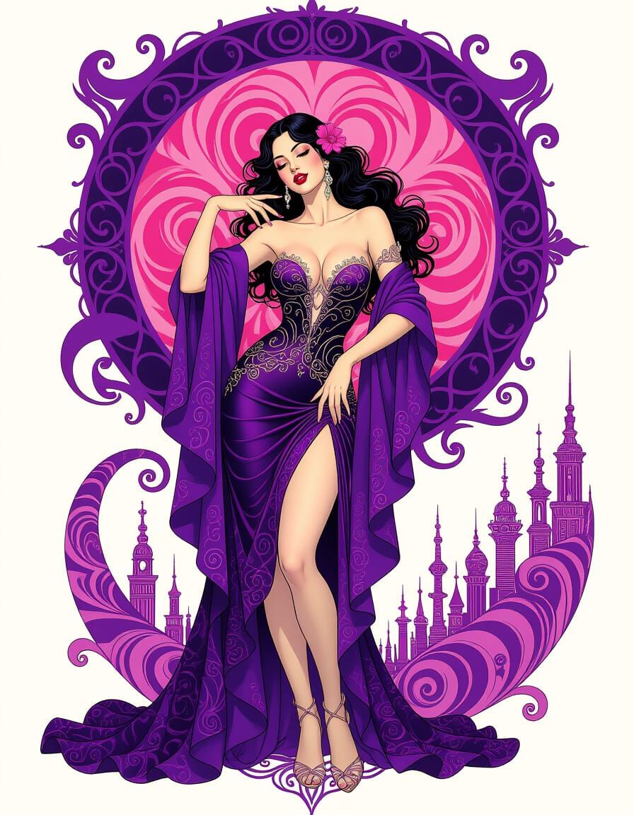 Woman in Ornate Clothing Amidst Swirling Hues