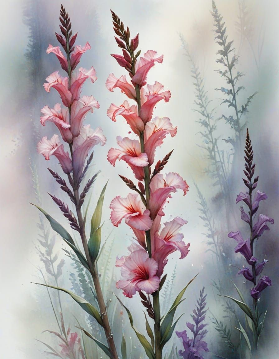 Ethereal Gladiola Stem in Muted Watercolour