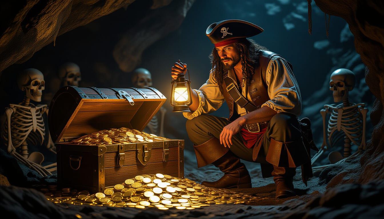 Mystical Pirate Treasure Cave, Hyperrealistic Style