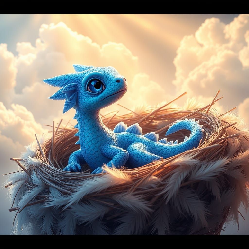 Serene Blue Dragon in a Feather Nest, Realistic Whimsical Ar...