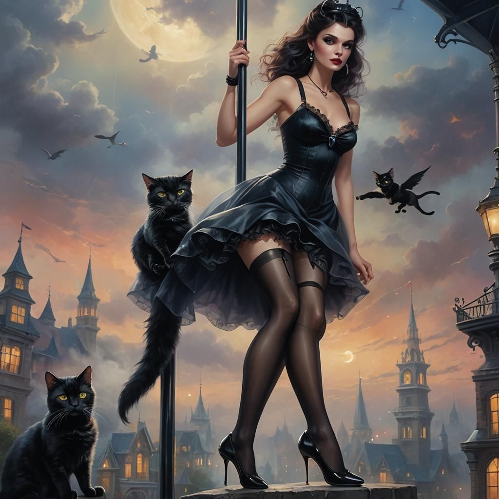 Ethereal Goth Flight Attendant with Cat