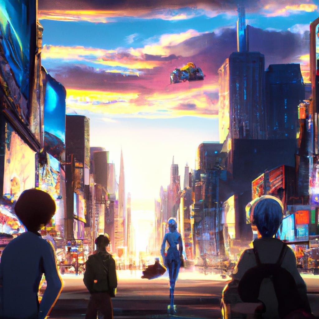 Times Square Sunset in Studio Ghibli Anime Style