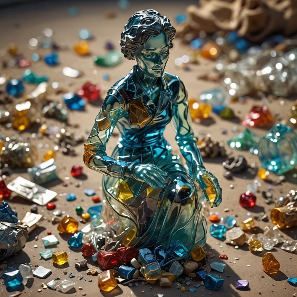 Delicate Glass Figurine Amidst Trash in Surreal Style