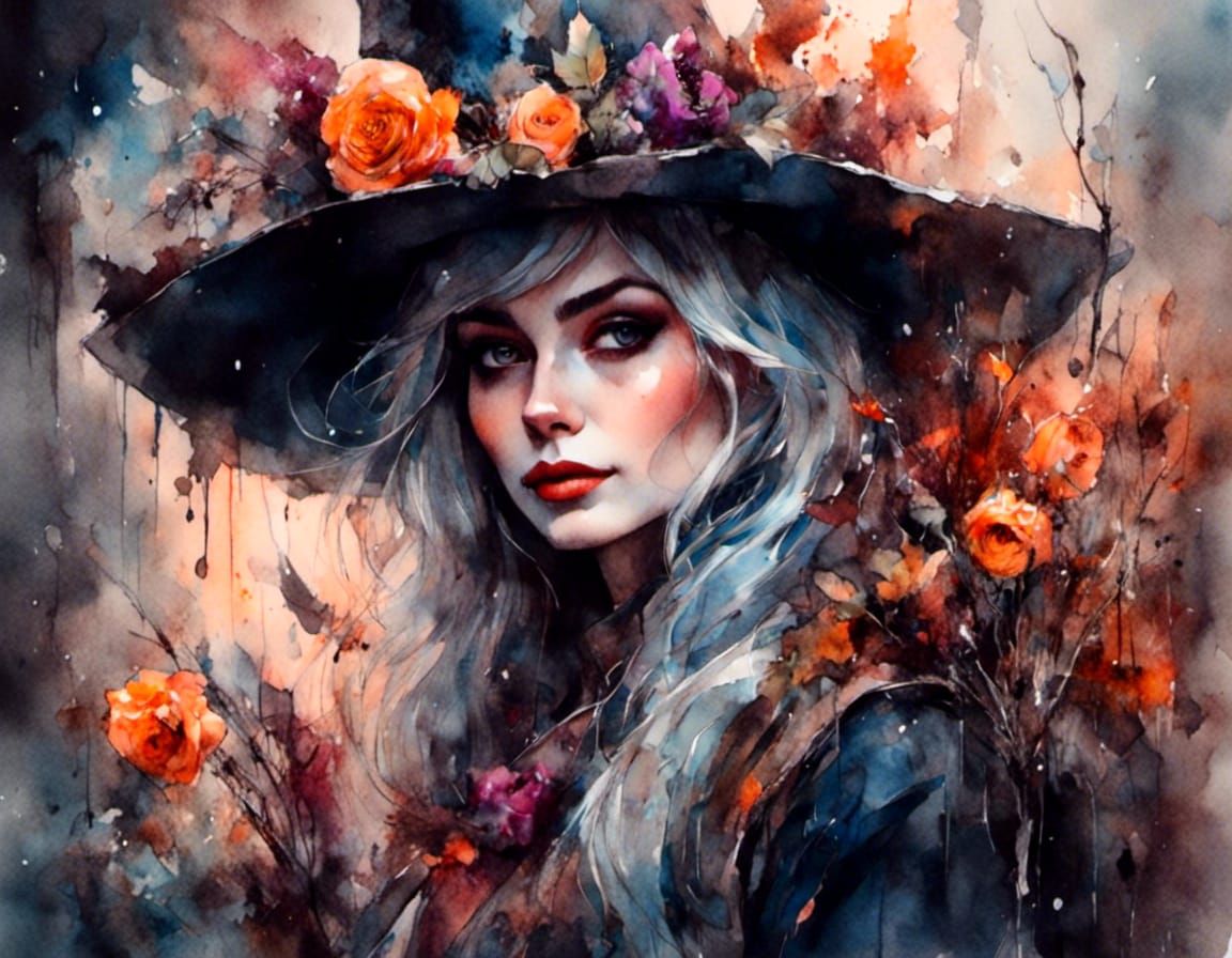 Cute Garden Witch Portrait in Gouache and Watercolor