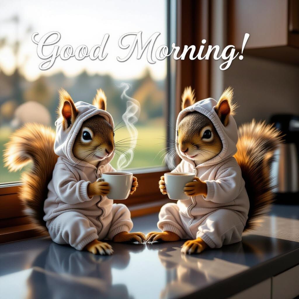 Photorealistic Squirrels in Pajamas Enjoy Coffee on Kitchen ...