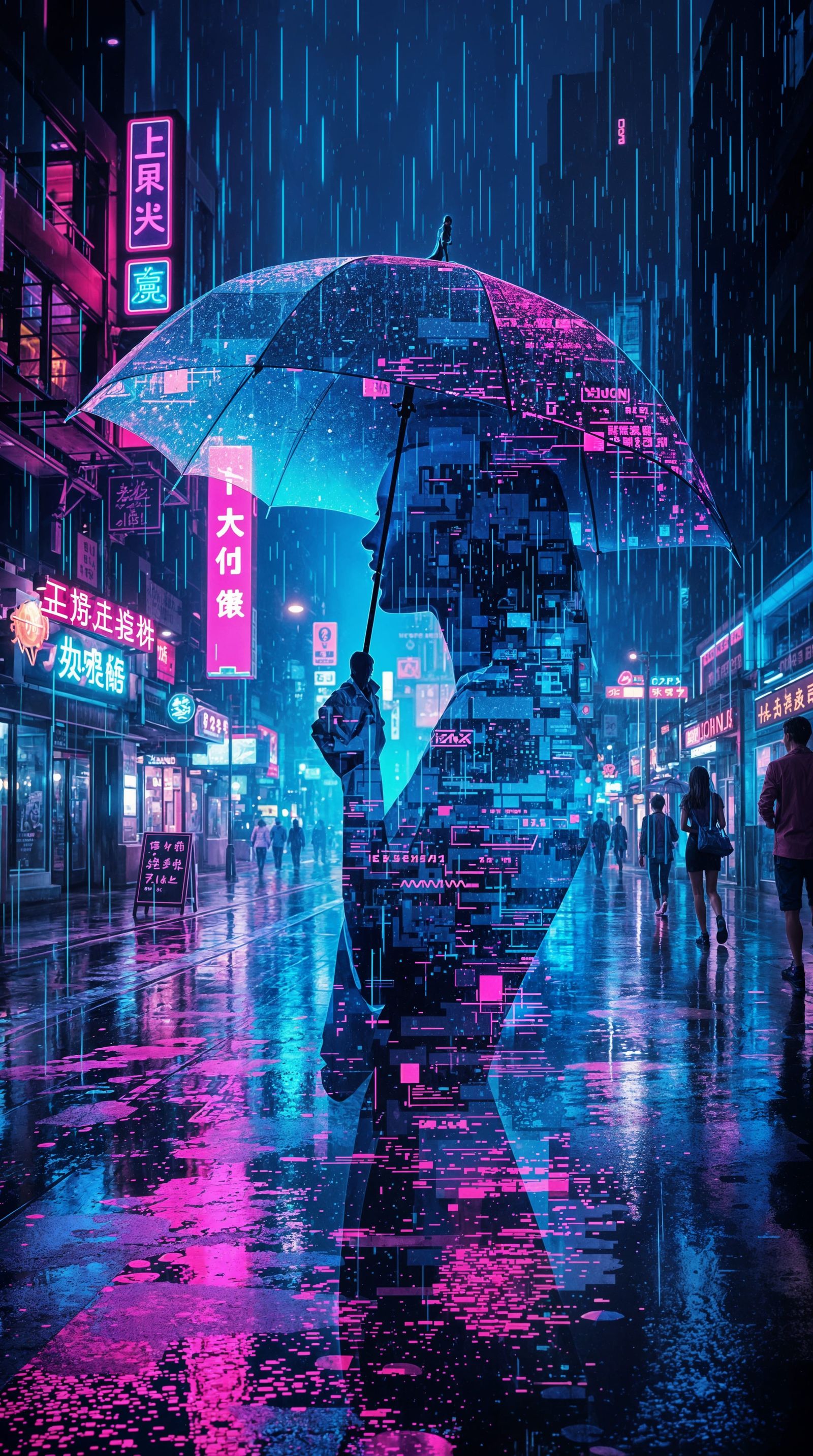 Surreal Double Exposure Night Cityscape with Woman and Umbre...