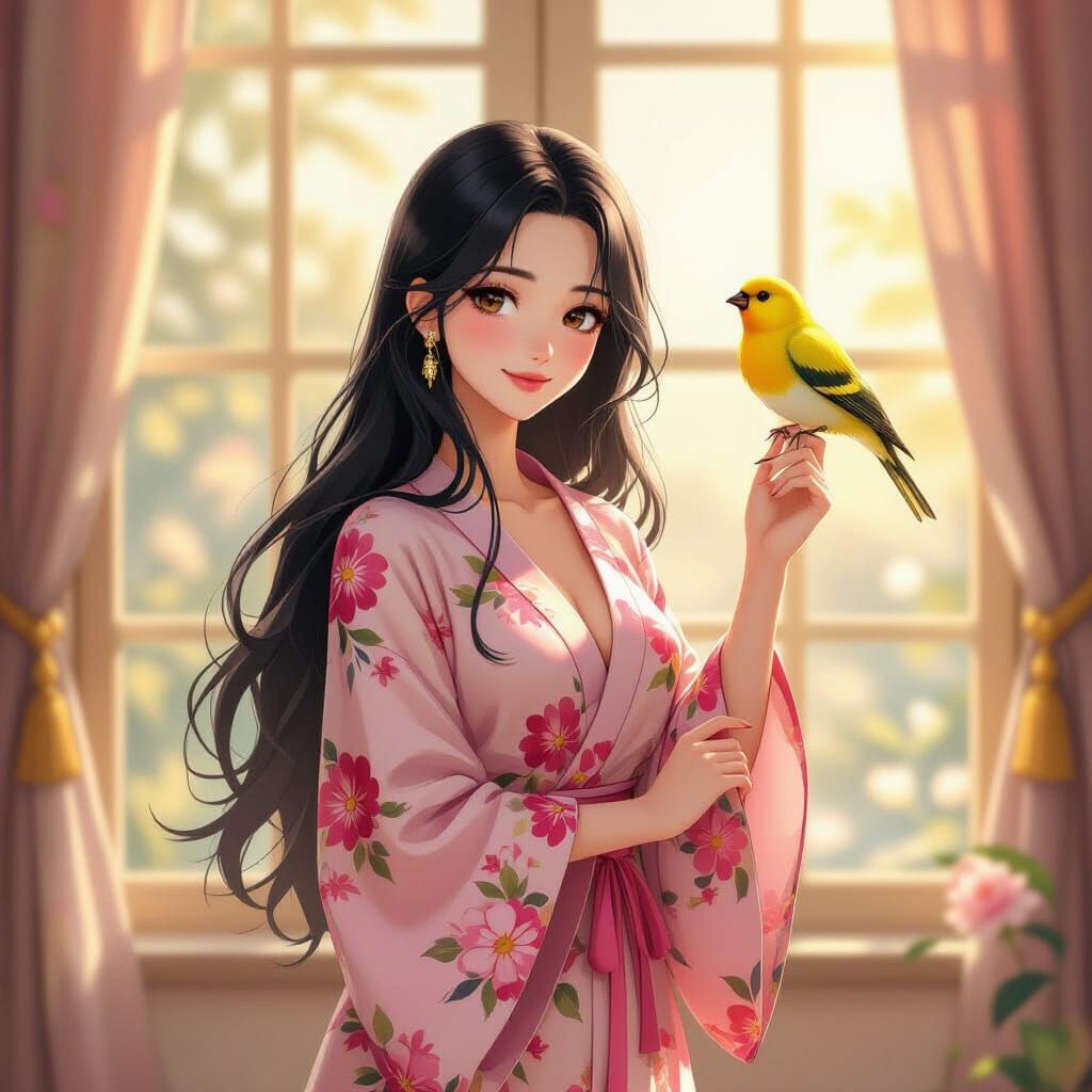 Woman with Canary in Soft Pastel Style