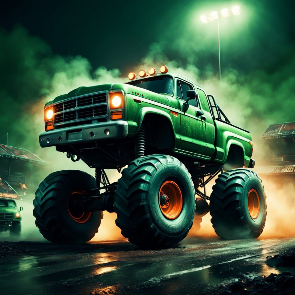 Epic Cinematic Masterpiece of a Green Monster Truck in Drama...