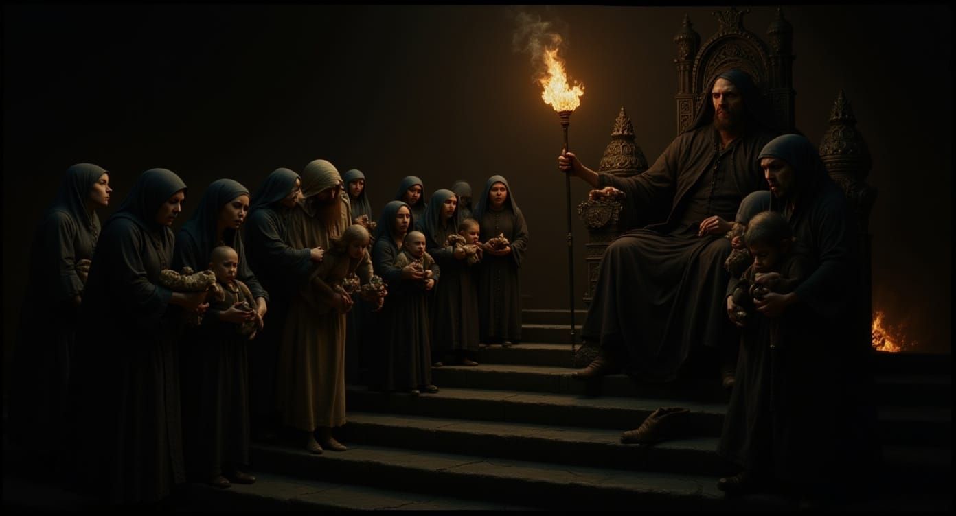 Offering to Moloch: Ritualistic Procession in Dark Stone