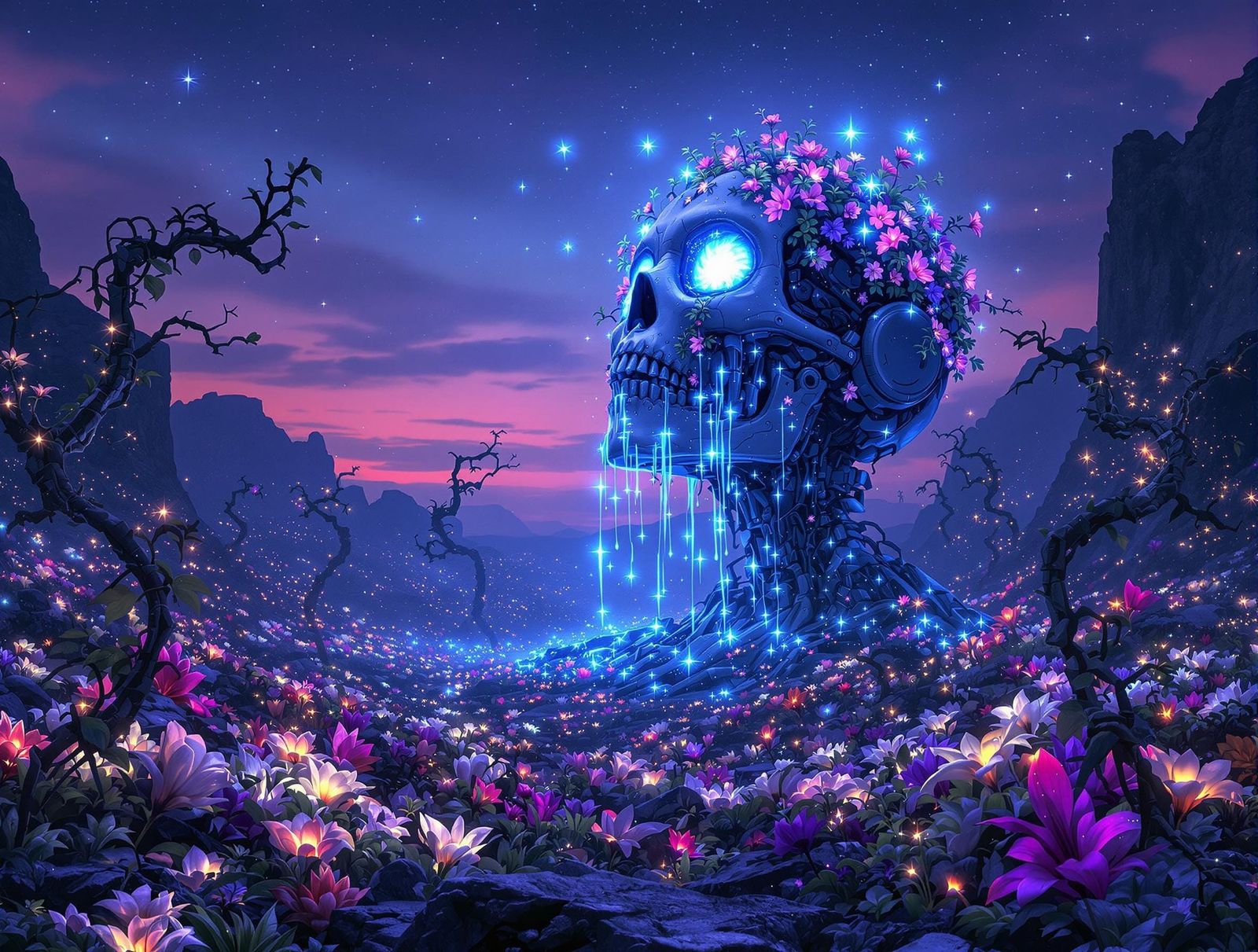 Ethereal Robot Graveyard with Bioluminescent Flora