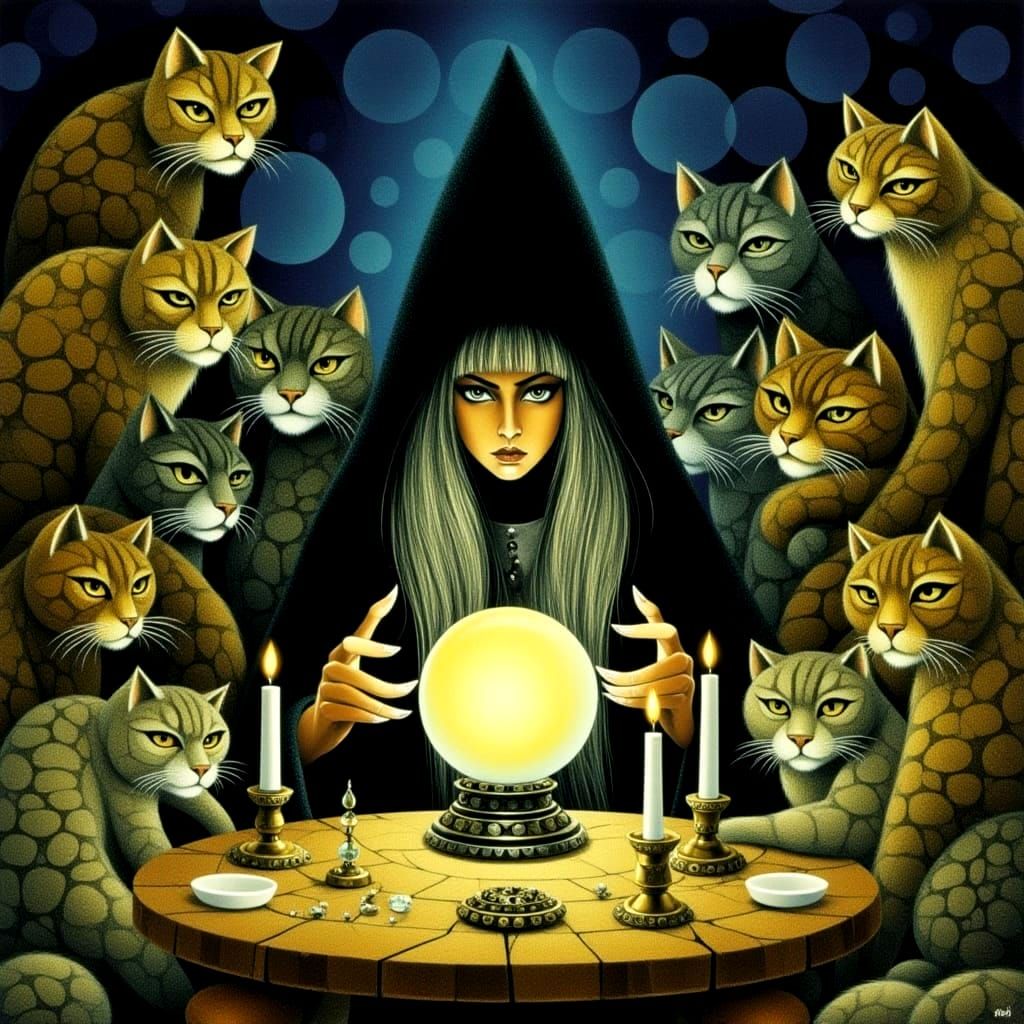Mystical Hag with Crystal Ball and Cats