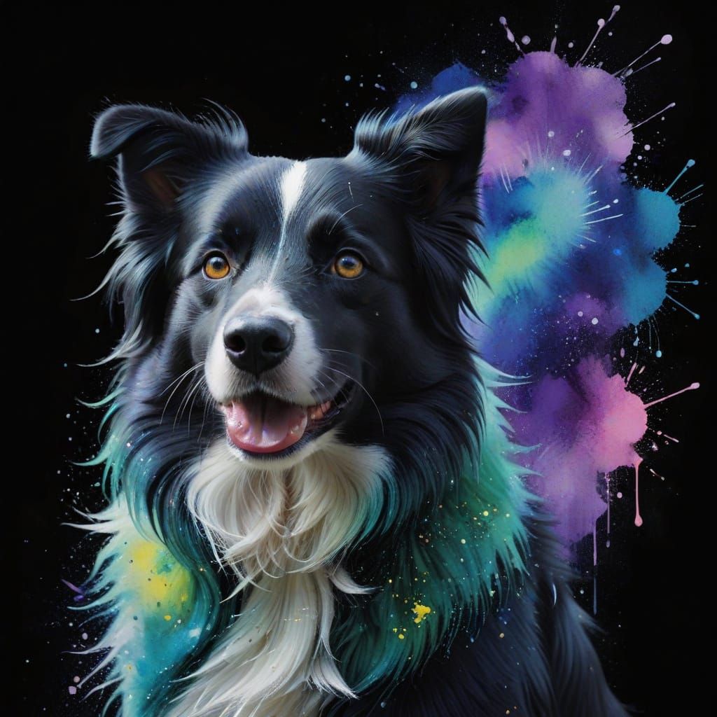 a watercolour sparkle splasches painting, a border collie in only rainbow colours , black background